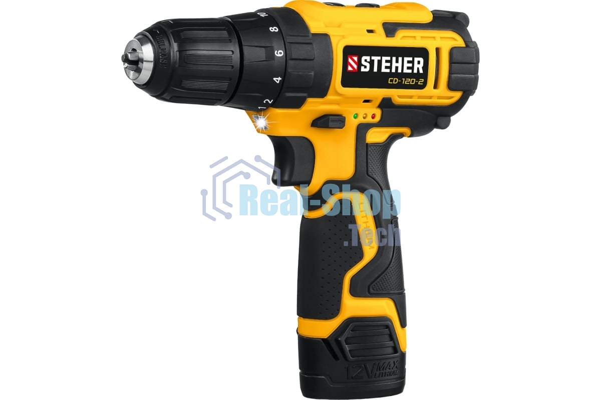 Дрель-шуруповерт STEHER CD-120-2, 12 В, 2 Ач, 30 Нм, щеточный