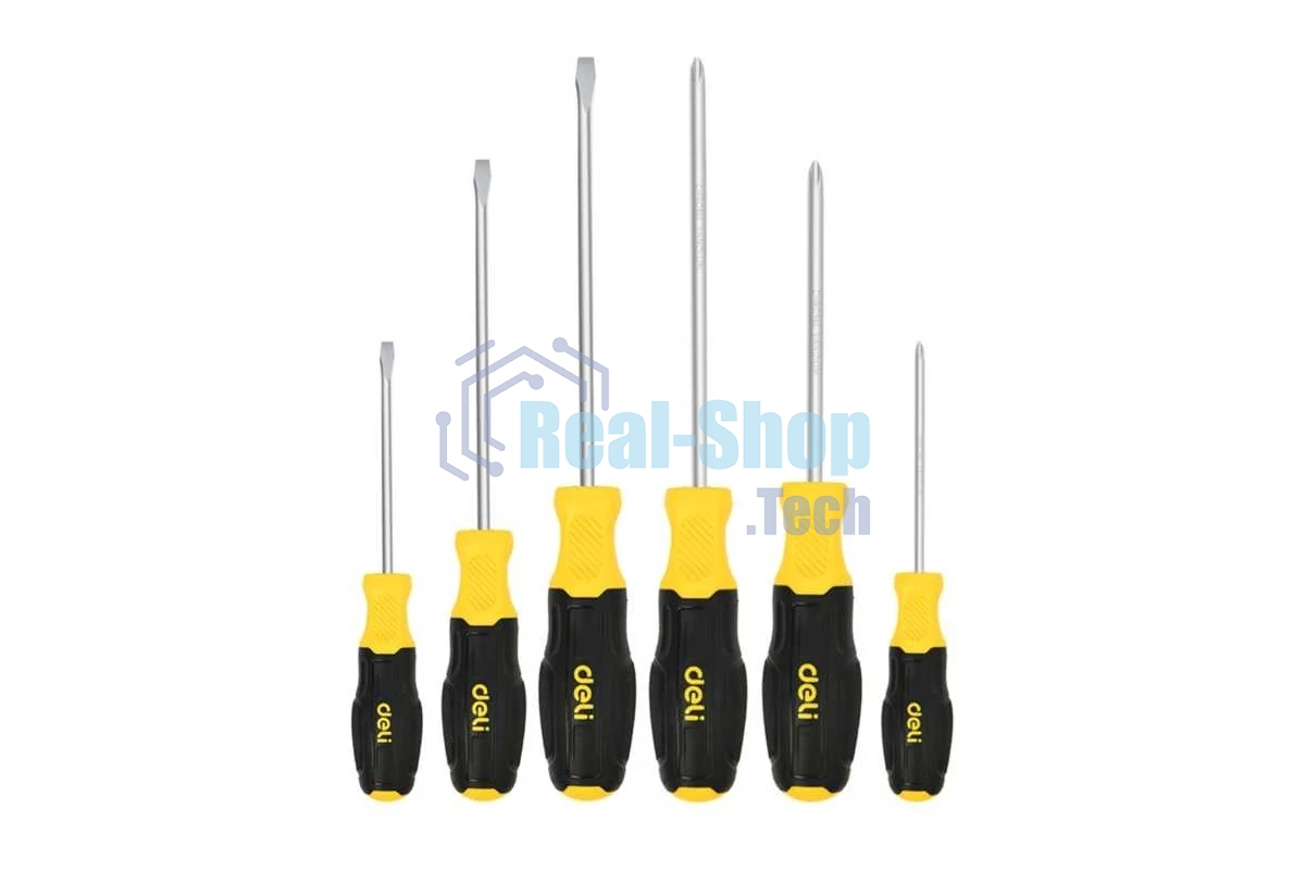 Набор отверток Deli DL630006N 6шт SL5x75 + SL5x100 + SL6x150 + PH1x75 + PH1x100 + PH2x150 сталь Cr-V, двухкомпонентная прорезиненная рукоять