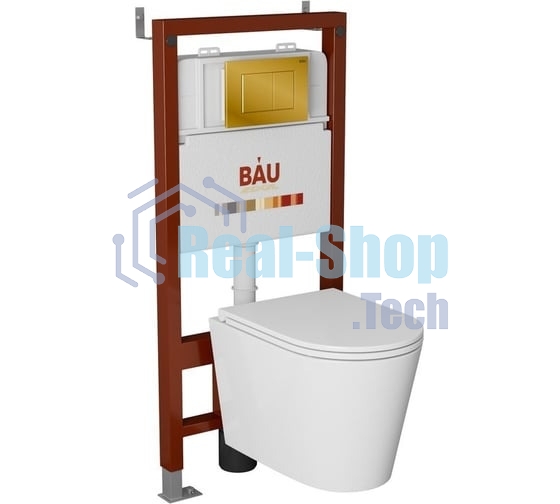 Комплект BAU 6 в 1: инсталляция BAU PRO, унитаз подвесной торнадо Bau Nimb Hurricane-3, сиденье дюропласт микролифт, клавиша BAU Stil, золото