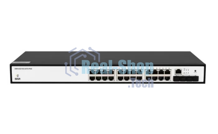 Управляемый коммутатор SNR уровня 2+, 24 порта 10/100/1000Base-T с поддержкой POE, 4 порта 1/10G SFP+, бюджет POE 370W