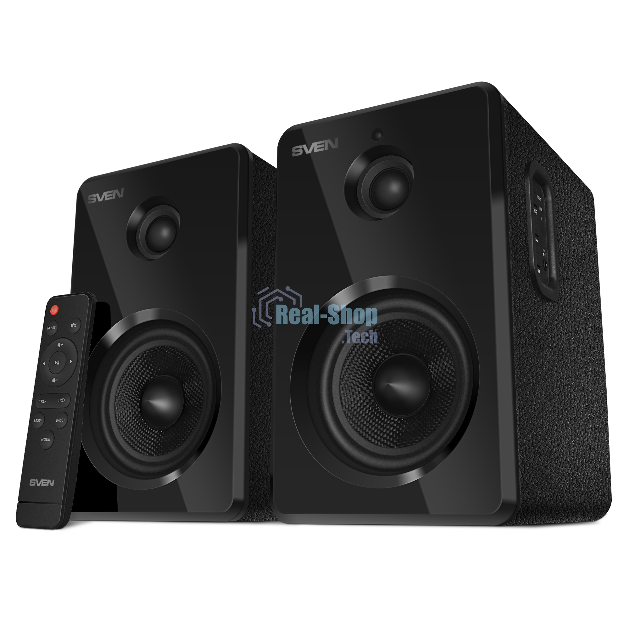 Акустическая система SVEN SPS-730 2.0 черные (2x25Вт, экокожа, USB/SD, пульт ДУ, Bluetooth)