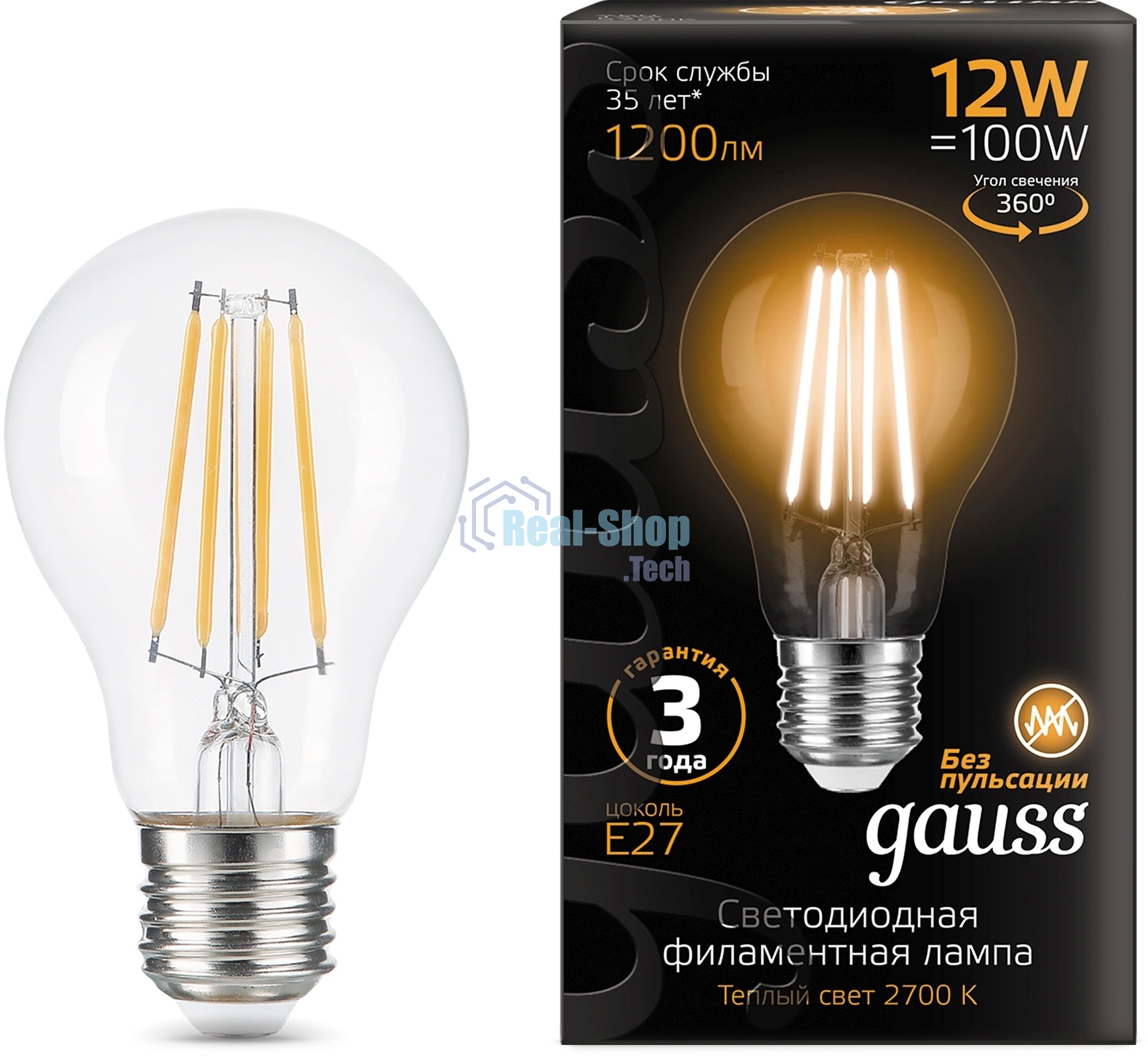 Лампа светодиодная Gauss Filament 102902112 12Вт цок.: E27 груша 185B св. свеч. белый теп. грушевидная (упак.: 10 шт)