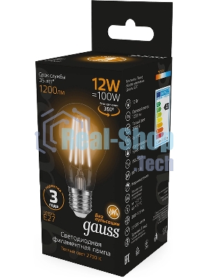 Лампа светодиодная Gauss Filament 102902112 12Вт цок.: E27 груша 185B св. свеч. белый теп. грушевидная (упак.: 10 шт)