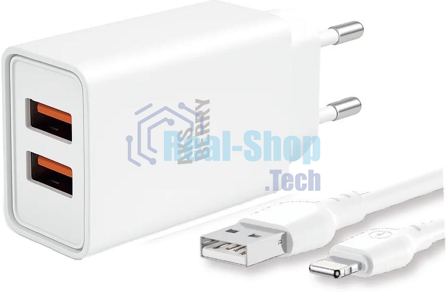 Зарядное устройство Aksberry T38 2 USB 2.4A + Lightning, белый