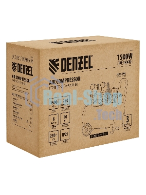 Компрессор безмасляный малошумный Denzel DLP-1500/50, 1,5 кВт, 50 л, 2850 об/мин, 250 л/мин