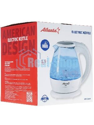 Электрочайник ATLANTA ATH-2460 белый, 1.5 л, 2200 Вт, скрытый нагревательный элемент