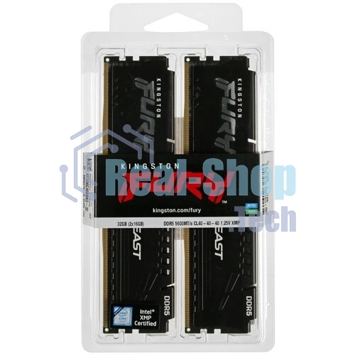 Оперативная память Kingston Fury Beast, DDR5, 32GB (2x16GB), 5600MHz, CL40, DIMM, с радиаторами, черный