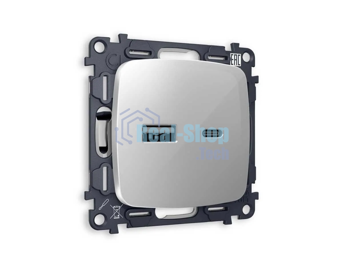 Комплект механизма розетки OMEGA Серебро глянец 2USB A+C 20W (быстрая зарядка) QUANT (OP4110, VM177) MO411010