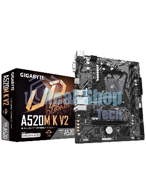 Материнская плата Gigabyte A520M K V2 (V1.1), AM4, AMD A520, 2xDDR4, 4xSATA, 1xM.2, 1xPCIe 3.0 x16, 1xHDMI, 1xVGA, 1x 1Gb LAN, 2xUSB-A 2.0, 4xUSB 3.2 Gen 1, 3x3.5 мм, 7.1, mATX