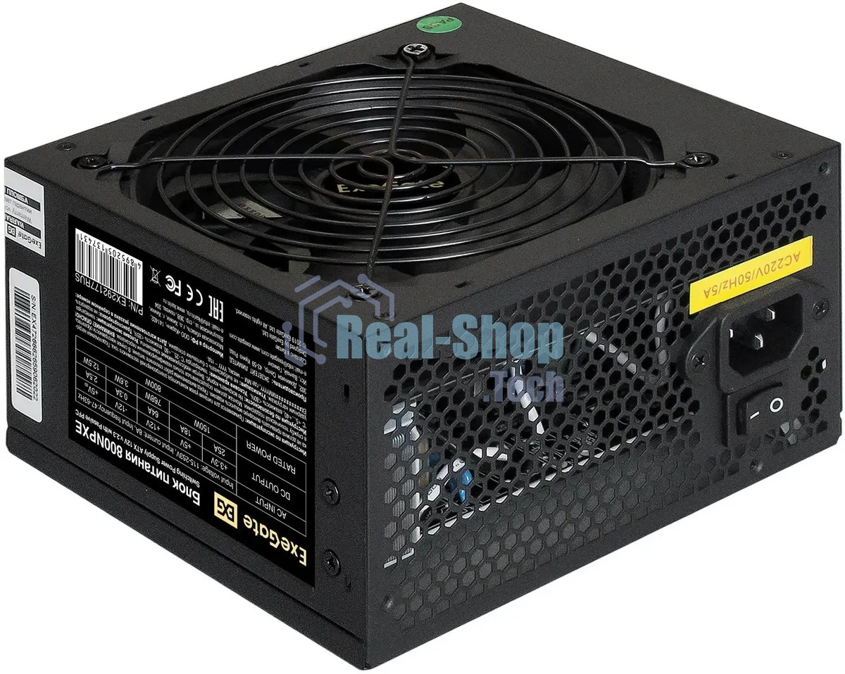 Блок питания 800W ExeGate 800NPXE (ATX, PPFC, SC, 12cm fan, 24pin, (4+4)pin, 2xPCI-E, 5xSATA, 3xIDE, черный, кабель 220V 1,8м с защитой от выдергивания)