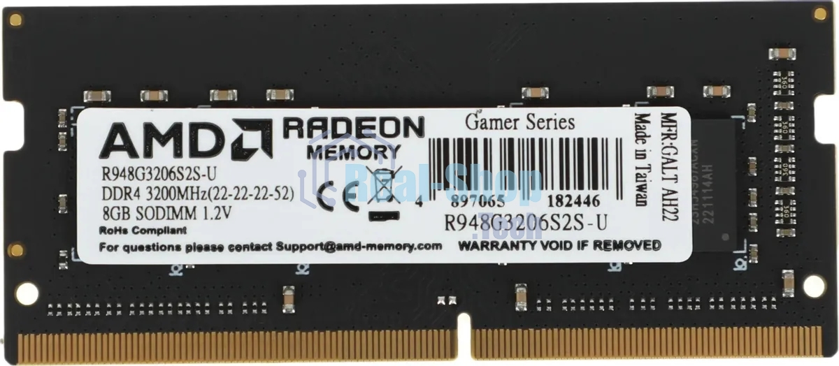 Оперативная память AMD Radeon R9, DDR4, 8Gb (1x8Gb), 3200MHz, CL22, SO-DIMM, OEM