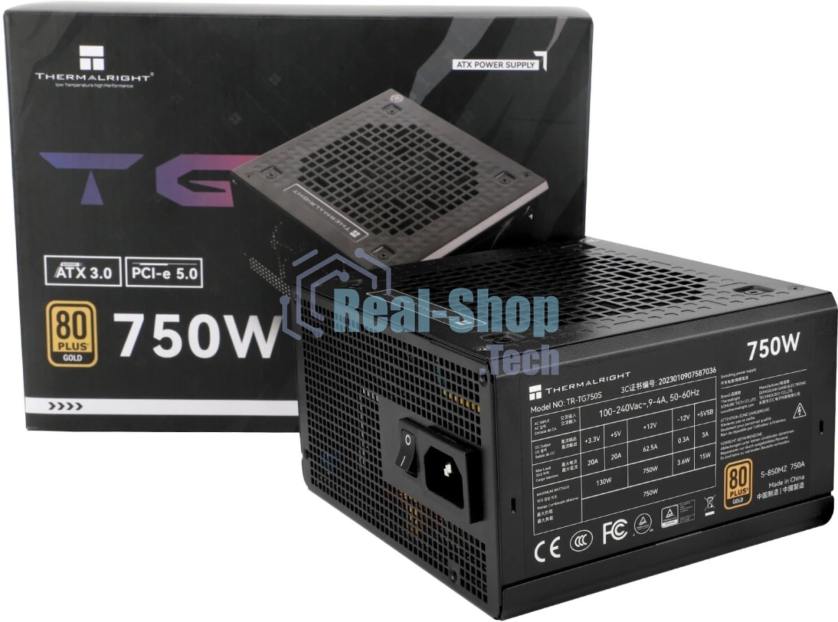 Блок питания Thermalright, 750W 80+ Gold (ATX, 3.0, PCIe 5.0, Non-modular, 1x24(20+4)pin, 1xCPU 8(4+4)pin, 2xPCIe*2 8(6+2)pin, 5xSATA3, 1x12+4pin (12VHPWR PCIe 5.0 12+4pin 600mm), 3xMOLEX4pin, Active, 120x120мм, 150x140x86mm, APFC, black)