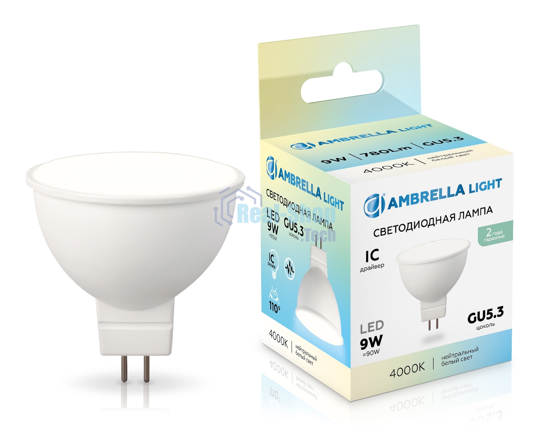 Лампа светодиодная	Ambrella light 160904 LED MR16 9W IC GU5.3 4000K 175-265V