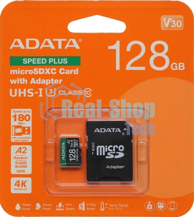 Флеш карта microSD ADATA 128Gb microSDXC Class 10 UHS-I U3 V30 A2 160/140 MB/s (SD адаптер)