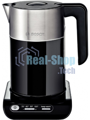 Электрочайник Bosch TWK8613 черный/серебристый, 1.5 л, 2400 Вт, скрытый нагревательный элемент, поддержание температуры