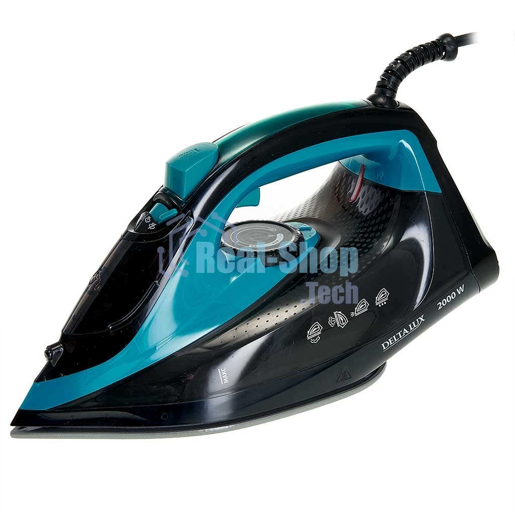 Утюг Delta Lux DE-3000 черный/бирюзовый, 2000 Вт, 20±5 г/мин, 130 г/мин, 320 мл