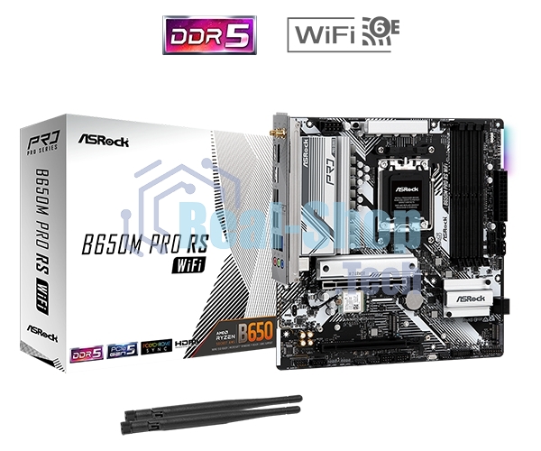 Материнская плата ASRock B650M PRO RS WIFI, Socket AM5, AMD B650, 4xDDR5-5200, HDMI+DP, 2xPCI-Ex16, 4xSATA3(RAID 0/1/10), 3xM.2, 8 Ch Audio, 1x2.5GLan, WiFi, (4+4)xUSB2.0, (3+4)xUSB3.2, (1+1)xUSB3.2 Type-C™, mATX, RTL,