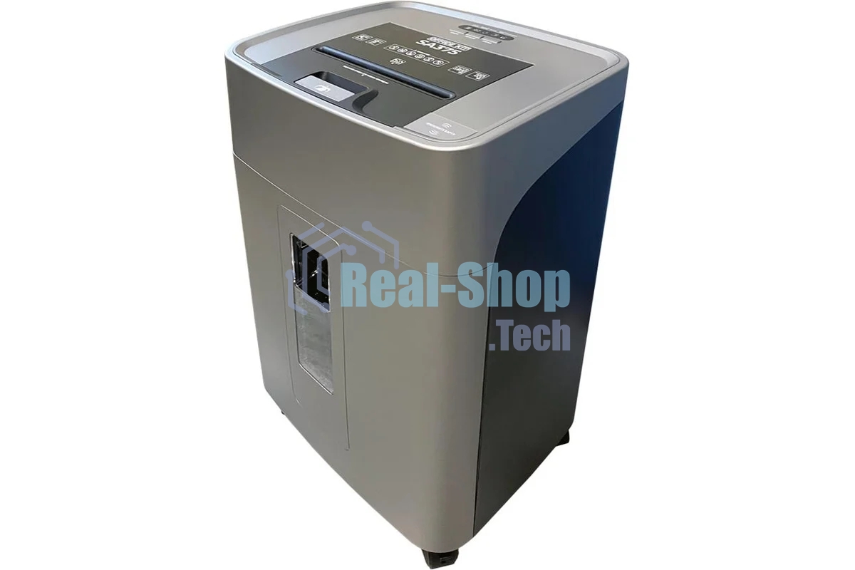 Шредер Office Kit SA375 серый/черный с автоподачей (секр.P-4) фрагменты 375лист. 42лтр. скрепки скобы пл.карты CD