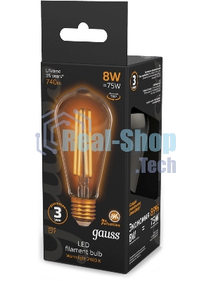 Лампа светодиодная филаментная Gauss Filament ST64 8Вт цок.: E27 эдисон 220B св. свеч. бел. теп. (упак.: 10 шт)