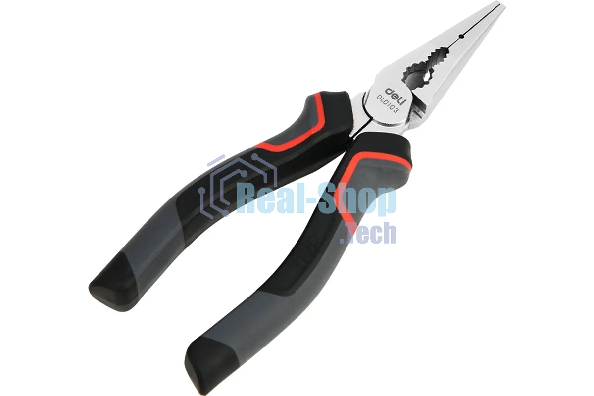 Удлиненные плоскогубцы Deli DL0103 160 мм, Cr-V, эксцентриковый шарнир, антикоррозийное покрытие, трехкомпонентная прорезиненная рукоять