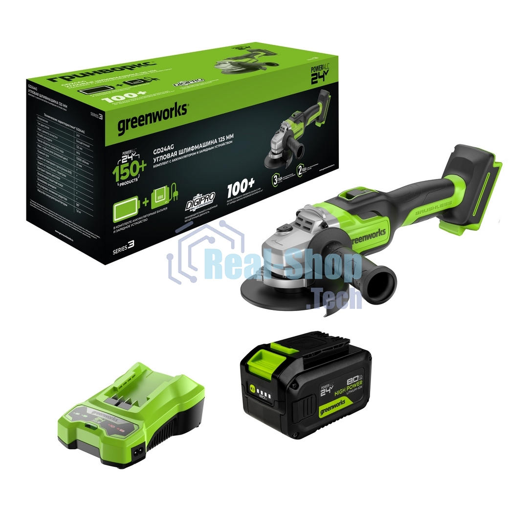 Углошлифовальная машина Greenworks GD24AG 758Вт 10500об/мин рез.шпин.:M14 d=125мм (3200207CUH)