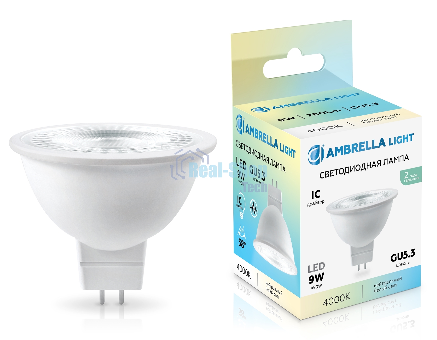 Лампа светодиодная	Ambrella light 170904 LED MR16 9W IC GU5.3 4000K 175-265V 38°