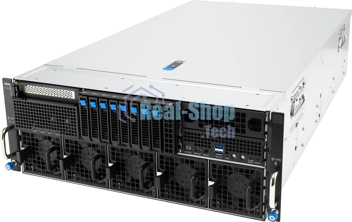 Серверная платформа ASUS ESC8000A-E13P, 4U, 2x SP5 (LGA 6096),24x DDR5 6400, 8x 2.5'' hsb NVME, up to 14x PCIe*, 2x M.2 22110 NVME, 1x 2-port 10Gbe RJ-45 Intel 710 LAN, up to 8 dual-slot GPUs, 3+1 3200W