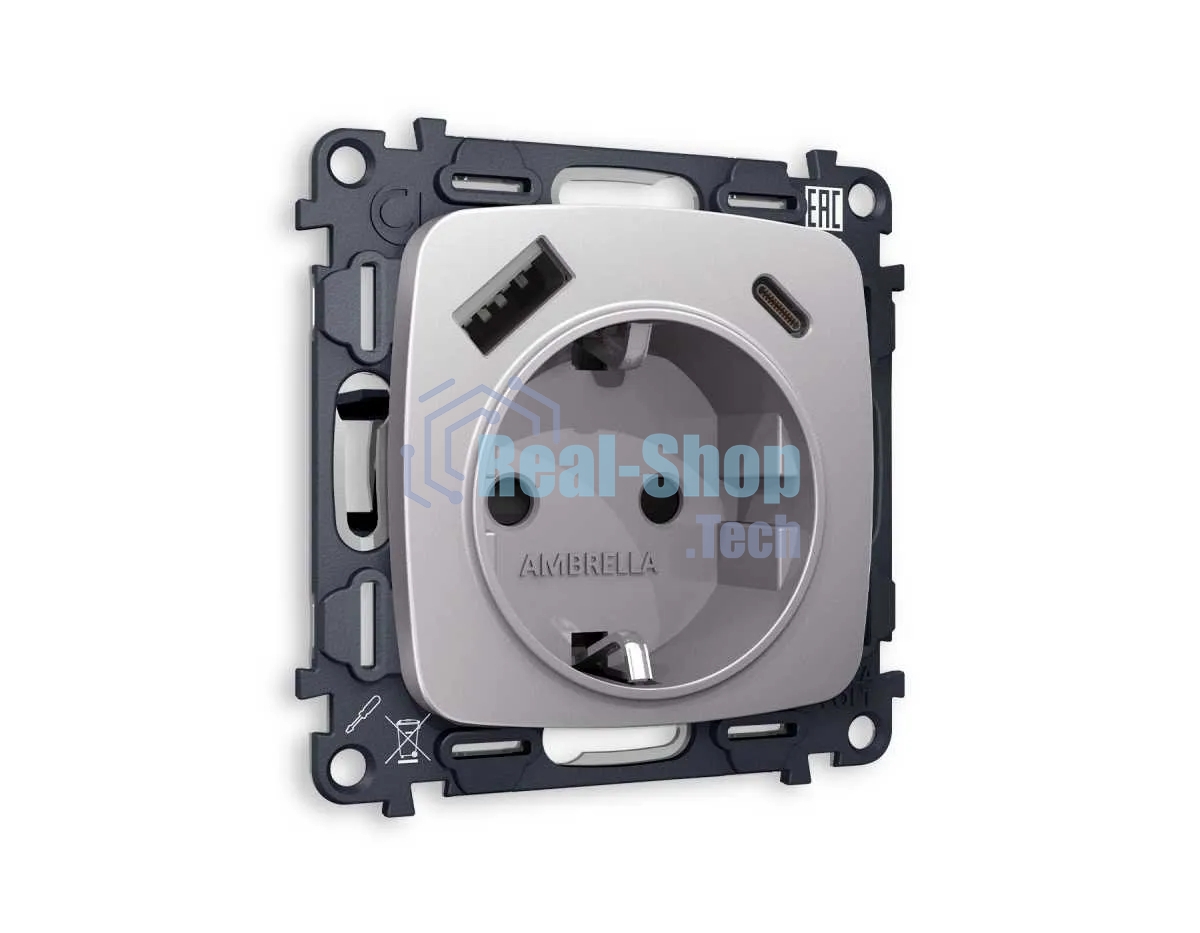 Комплект механизма электрической розетки OMEGA Сталь матовый 2USB A+C 20W (быстрая зарядка) с/з QUANT (OP5100, VM160) MO510010