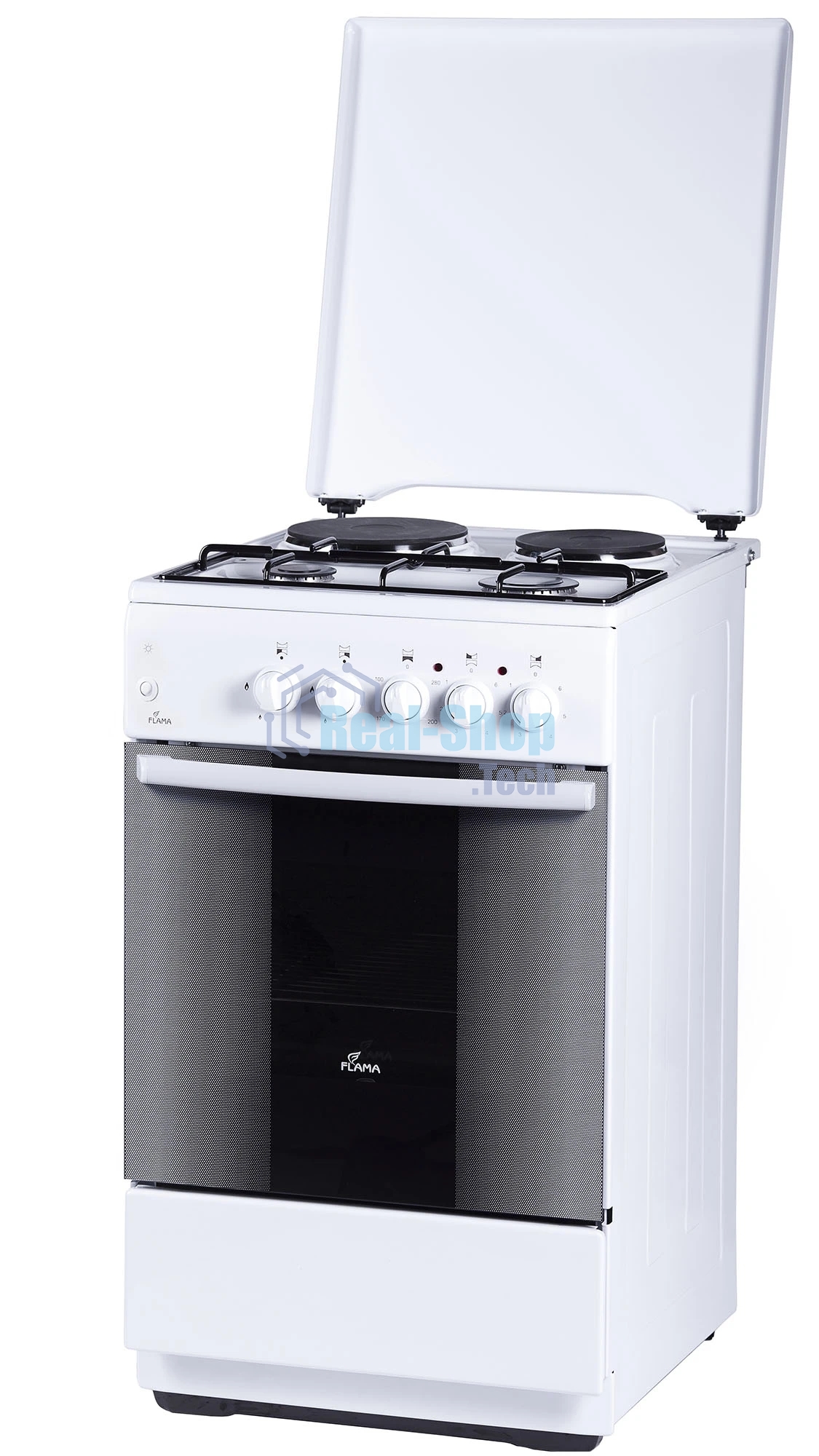 Плита комбинированная Flama RK 2211 белый, конфорок 4 шт, духовка 50 л, 50 см x 85 см x 60 см