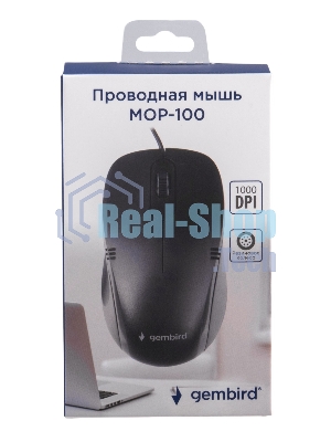 Мышь проводная Gembird MOP-100 черный, 1000 dpi, USB, кнопки - 3