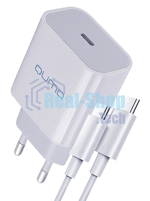 Сетевое зарядное устройство Qumo Energy light PD 20Вт, (модель 0105), USB Type-C PD, + кабель 1м. Type-C на Type-C, белый