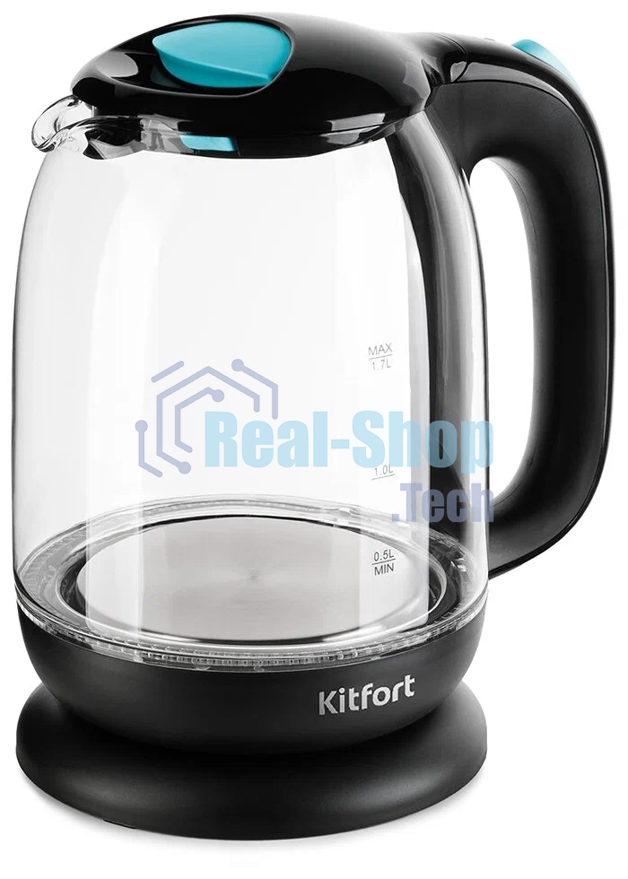 Чайник электрический Kitfort КТ-625-1 1.7л. 2200Вт черный/голубой (корпус: стекло)