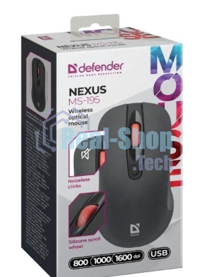 Мышь беспроводная Defender Nexus MS-195 черный, 1600 dpi, радиоканал, USB, кнопки - 4