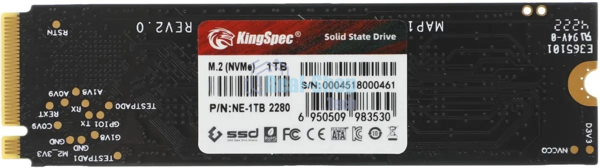Накопитель SSD KingSpec NE-1Tb, 1Tb, PCIe 3.0 x4, M.2 2280, NVMe, R/W 2400/1900