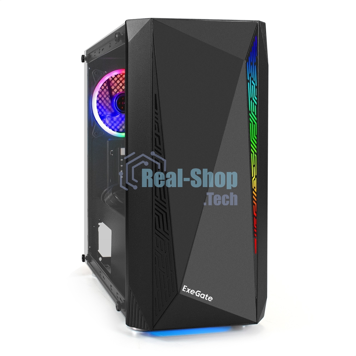 Компьютерный корпус Minitower ExeGate Mistery R2-NPX400 (mATX, БП 400NPX с вент. 12 см, 2*USB+1*USB 3.0, аудио, черный, 1 вент. 12см с RGb подсветкой и полоса на передней панели, боковая панель - закаленное стекло)