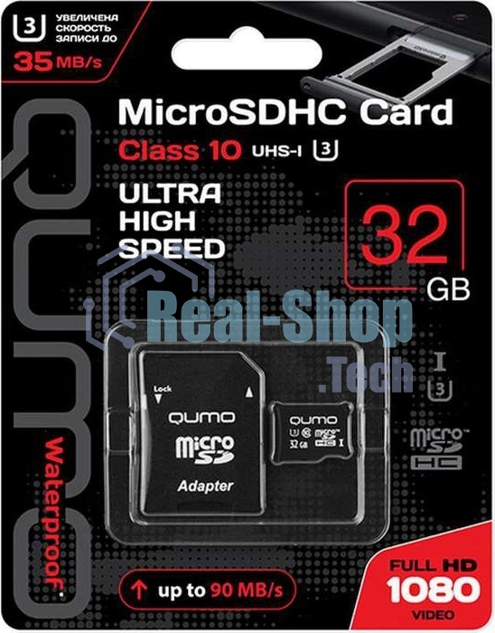 Флеш карта QUMO MicroSDHC 32Gb Сlass 10 UHS-I U3,3.0, адаптер в комплекте SD, черно-красная картонная упаковка (QM32GMICSDHC10U3)