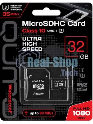 Флеш карта QUMO MicroSDHC 32Gb Сlass 10 UHS-I U3,3.0, адаптер в комплекте SD, черно-красная картонная упаковка (QM32GMICSDHC10U3)
