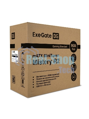 Компьютерный корпус Minitower ExeGate Mistery R2-NPX450 (mATX, БП 450NPX с вент. 12 см, 2*USB+1*USB 3.0, аудио, черный, 1 вент. 12см с RGb подсветкой и полоса на передней панели, боковая панель - закаленное стекло)