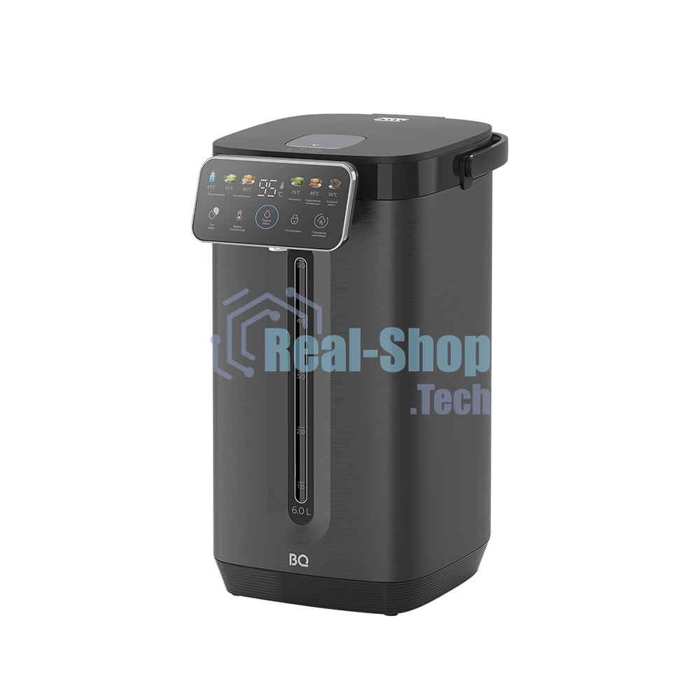 Термопот BQ TP6001 Black, мощность 1800 Вт, объем 6 л, сенсорный тип управления, 6 температурных режимов (45-95°C, с шагом 10°С), функция повторного кипячения, функция поддержания температуры, способы подачи воды - электрическая помпа, индикатор уровня воды, автоотключение при недостаточном количестве воды, блокировка подачи воды, защита от перегрева, дисплей LED, съемная крышка, ручка для переноски, материал корпуса - металл, пластик, материал внутренней камеры - высококачественная нержавеющая сталь AISI 304, длина электрошнура 1.0 м, напряжение 220-240 В, 50-60 Гц, защита от поражения электротоком класс I