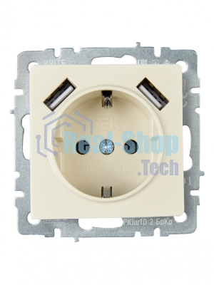 Розетка 1-местная IEK BRITE РЮш10-2-БрКр (BR-R14-16-U21-D31-K10) с заземлением, с защитными шторками, 16А, с USB A+A 5В 3,1А, бежевый