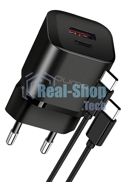 Сетевое зарядное устройство Qumo Energy PD 20Вт (модель 0109), Type-C PD + USB-A QC3.0,+ кабель 1м. Type-C на Type-C, черный