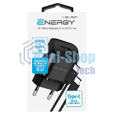Сетевое зарядное устройство Qumo Energy PD 20Вт (модель 0109), Type-C PD + USB-A QC3.0,+ кабель 1м. Type-C на Type-C, черный