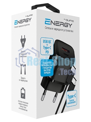 Сетевое зарядное устройство Qumo Energy PD 20Вт (модель 0109), Type-C PD + USB-A QC3.0,+ кабель 1м. Type-C на Type-C, черный