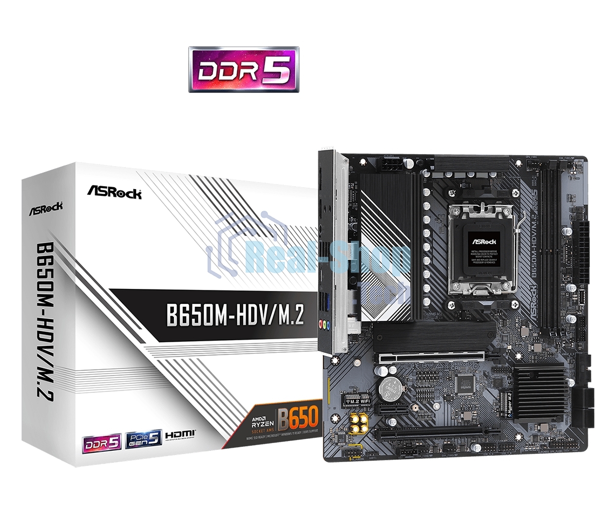 Материнская плата ASRock B650M-HDV/M.2, AM5, AMD B650, 2xDDR5, 4xSATA, 2xM.2, 1xPCIe 4.0 x16, 1xPCIe 4.0 x4, 1xPCIe 3.0 x1, 1xDP, 1xHDMI, 1x2.5Gb LAN, 1xUSB-C 5Gbps, 2xUSB-A 5Gbps, 4xUSB-A 2.0, 3x3.5 мм, 7.1, mATX