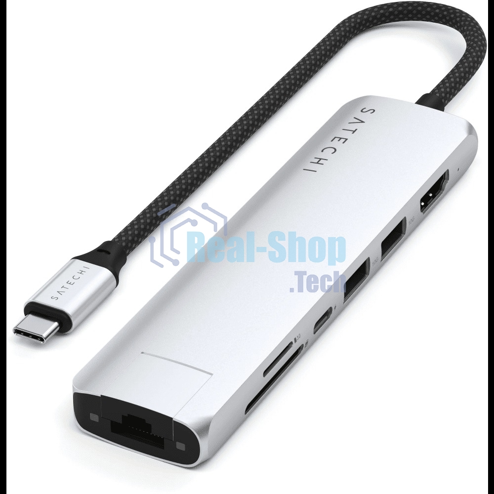 Док-станция (USB-хаб) Satechi ST-P7SS 7-in-1 USB-C Slim Multiport Adapter with Ethernet (Type-C,HDMI, 2xType-A, SD,microSD, RJ-45), до 80 Вт серебристый