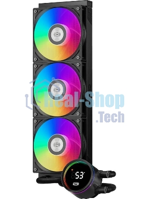 Система охлаждения PCCooler DA360 Pro ARGb Digital BK (300W, 360мм, LED temp., Black, ARGb/Fans: 3x120мм, 75.8CFM, 33.7dBA, 2200RPM/Pump height 57мм, 28dBA, 3000RPM, Rad thickness 27мм/S: 1851, 1700, 1200, 20XX, 115X, AM5, AM4)