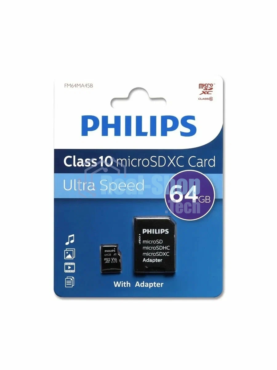 Флеш карта microSD 64Gb PHILIPS microSDHC Class 10 (SD адаптер)