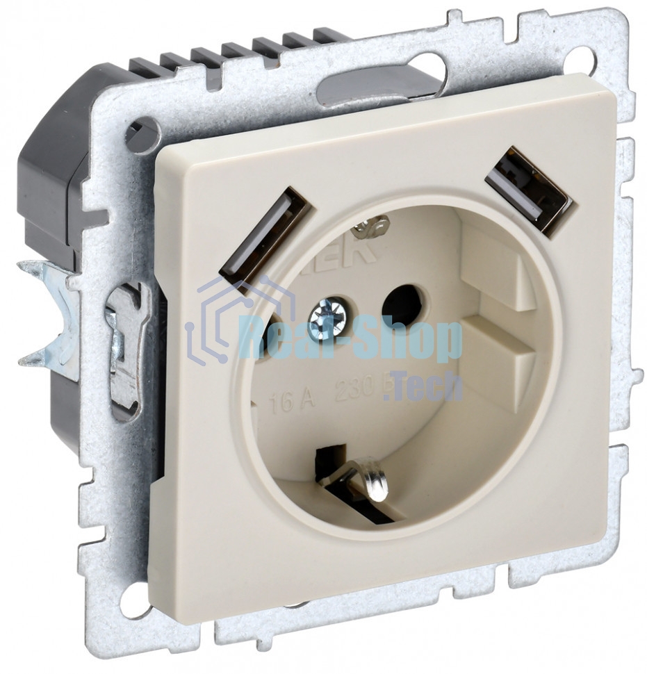 Розетка 1-местная IEK BRITE РЮш10-2-БрКр (BR-R14-16-U21-D31-K10) с заземлением, с защитными шторками, 16А, с USB A+A 5В 3,1А, бежевый