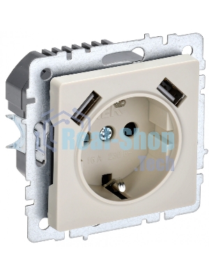 Розетка 1-местная IEK BRITE РЮш10-2-БрКр (BR-R14-16-U21-D31-K10) с заземлением, с защитными шторками, 16А, с USB A+A 5В 3,1А, бежевый