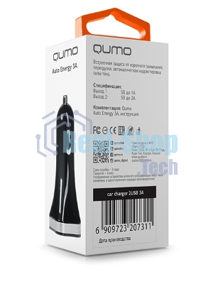 Автомобильное зарядное устройство QUMO 3A, 2 USB, 1A+2A черный